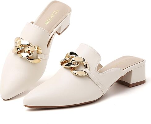 Tilocow Metal Chain Decor Mules Heels for Women Chunky Heeled Sandals Slip on Closed Toe Slides for Women Backless Mules in Kuwait
