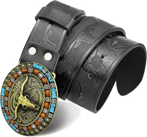RechicGu Mens Western Leather Buckle Belt, Bull Head Engraved Brown Cowboy Belts With LongHorn Bull Buckles, 1-1/2 Inch Wide in Kuwait
