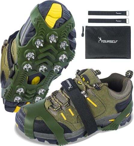 SYOURSELF Ice Cleats, Crampons Ice Cleats for Shoes and Boots Women Men Kids, Non Slip Grippers Spikes for Shoes with Straps, Ice Traction Cleats for Snow and Ice, Hiking, Walking, Fishing, Climbing in Kuwait