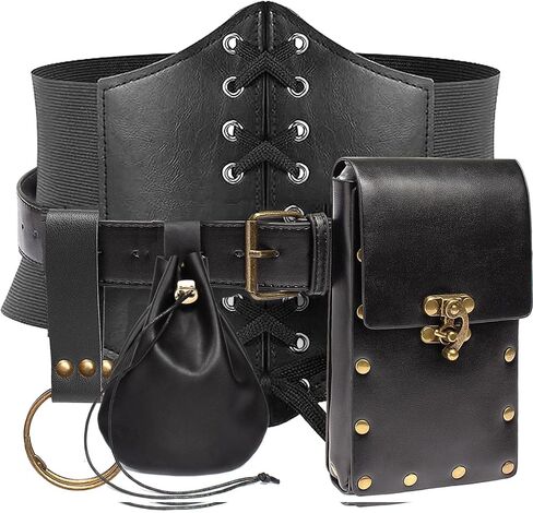 Womens Corset Belt Pouch Waist Bag Fanny Pack Phone Holder Coin Purse Skirt Hikes Loop Hook Medieval Renaissance Costume Sets (Brown, S-Waist/25.6"-34") in Kuwait