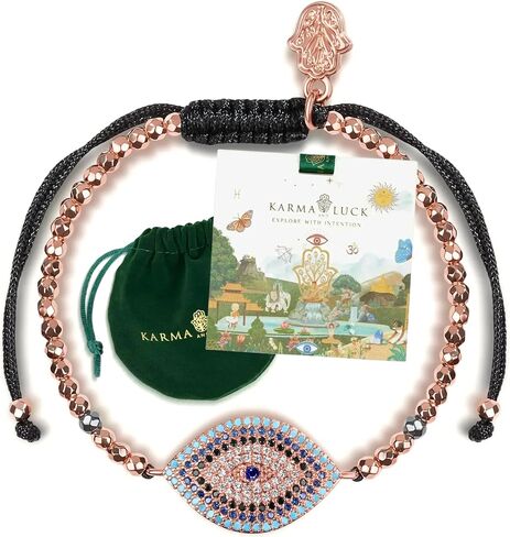KARMA AND LUCK - Women's Real Hematite Stone 18K Rose Gold-Tone Gorgeous Evil Eye Charm Beaded Bracelet with Cubic Zirconia Crystals & Adjustable Drawstring Closure in Kuwait