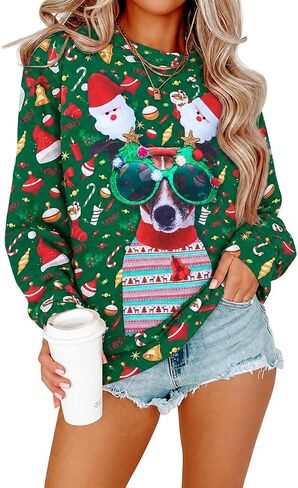 VILOVE Ugly Christmas Sweatshirt Women Merry Christmas Pullover Funny Animal Graphic Tops Causal Hoodie in Kuwait
