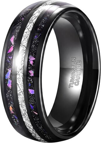 TRUMIUM Mens Wedding Rings 8mm Galaxy Opal and Meteorite Inlay Black Tungsten Carbide Ring Engagement Band Beveled Edges Comfort Fit Size 6-13 in Kuwait