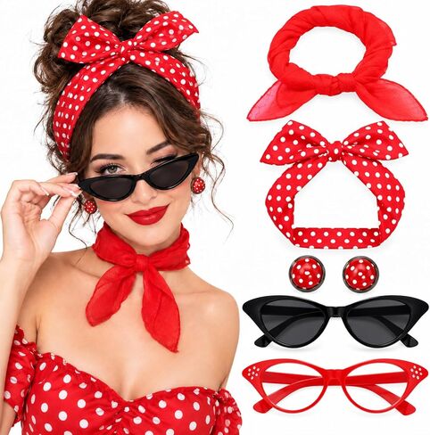 6 Pack Costume Accessories Set 50s Scarf Headband Earrings Bandana Tie Cat Eye Glasses Set Women Girl Party 50s Costume Set in Kuwait