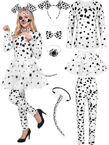 SOMSOC 8 Pieces Halloween Women Dalmatian Dog Costume Set Shirt Headband Long Sleeve Pant for Halloween Cosplay in Kuwait