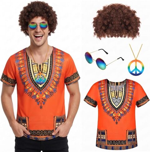 Sureio 4 Pcs Carnival Halloween Hippie Costume for Mens 60s 70s 80s Cosplay TShirt Afro Wig Accessories for Carnival Party in Kuwait