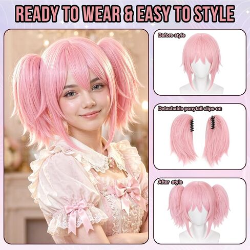 ANOGOL Hair Cap+Pink Cosplay Wig with Double Ponytails Wigs For Anime Cosplay Women, Short Straight Synthetic Hair For Costume Wigs Cosplay Party Wigs, Pink Short Wig For Halloween Party in Kuwait