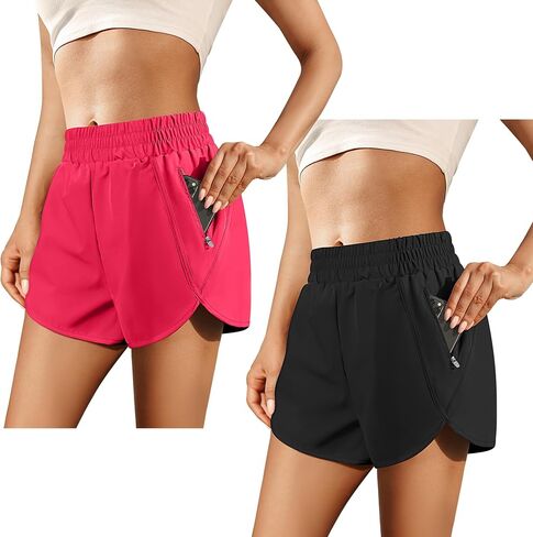 URATOT 2 Pack Quick Dry Summer High Waisted Shorts Athletic Running Shorts with Zip Pocket for Women Gym Workout in Kuwait