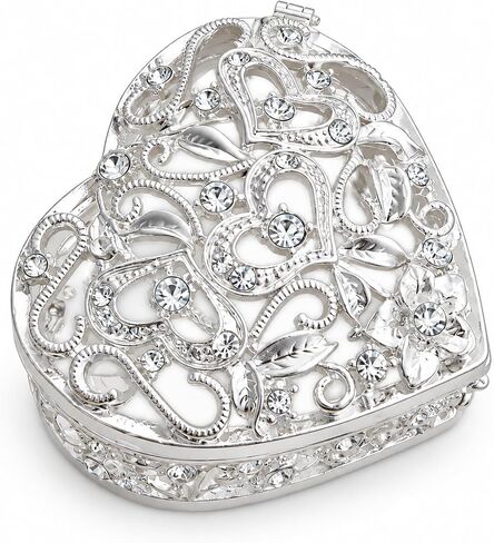 SEVENBEES Silver Heart Jewelry Trinket Box Bejeweled Heart Box with Hollow Flower Figurines Jewelry Boxes Ring Holder in Kuwait