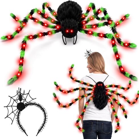 XunYee 3 Pcs Halloween Plush Spider Costume Spider Costume Women Include Plush Spider Costume with Purple Led Lights Spider Hair Hoop Spider Web Temporary Tattoos Stickers Adult Halloween Accessory in Kuwait