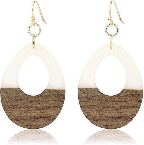 POMINA Lightweight Two Tone White Brown Teardrop Dangle Earrings for Women Geometric Colored Resin Wood Dangling Gold Drop Earrings in Kuwait