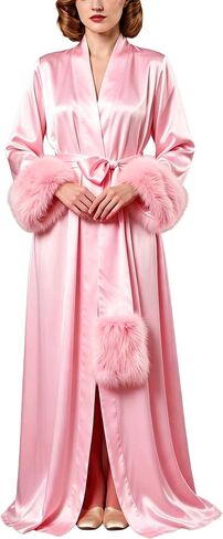 BATHGOWN Women's Robe Fur Nightgown Bathrobe Sleepwear Feather Bridal Robe with Belt in Kuwait