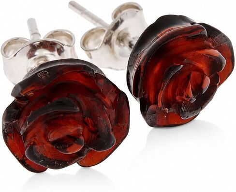 Genuine Baltic Amber Rose Stud Earrings with Sterling Silver, Hand Made From Genuine Baltic Amber in Kuwait