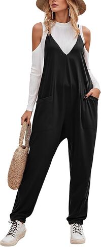LILBETTER Women's Loose Casual V Neck Sleeveless Jumpsuits Adjustable Spaghetti Straps Long Pants Overalls With Pockets in Kuwait