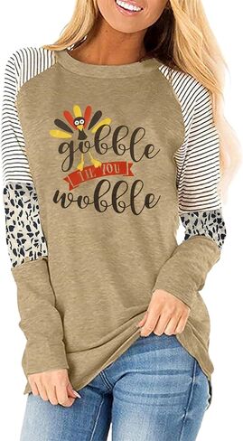 Women Gobble Till You Wobble Long Sleeve Shirt Thanksgiving Turkey Tops Thanksgiving Day Pullover Fall Raglan T-Shirt in Kuwait