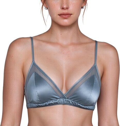 SilRiver Women's Satin Triangle Bralette Tops Silk Wirefree Bra mesh Cami Bra with Removable Pads in Kuwait