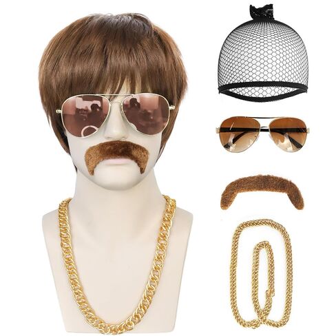 JoneTing 5Pcs Mens Afro Wig 【+Wig Cap +Glasses +Mustache +Necklace】 Disco Wig for Men 70s Mens Wig 70s Wigs for Men 1970s Mens Disco Wig Curly Wig for Men Brown Synthetic Wig for Halloween Party in Kuwait