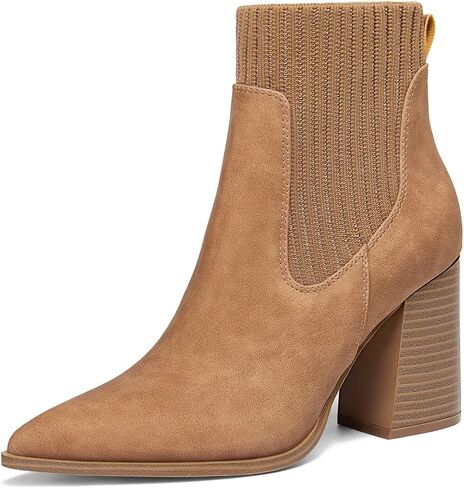 Coutgo Women Pointed Toe Ankle Boots Knit Sock Boot Chunky Block Stacked Mid Heel Comfortable Chelsea Booties Shoes in Kuwait