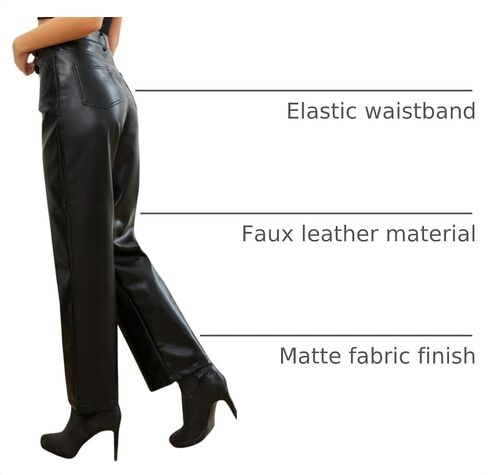 DALLNS Women Black Faux Leather High Waisted Straight Leg Vegan Matte Leather Business Pant Trousers in Kuwait