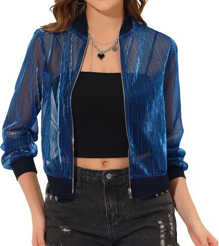 Allegra K Sheer Mesh Jacket for Women's Shiny Long Sleeve See Through Zip Up Jacket in Kuwait
