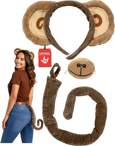 Nicky Bigs Novelties Adult Monkey Animal Costume Set - Brown Ears Headband Tail Nose Kit - Dress Up Halloween Accessories, One Size in Kuwait