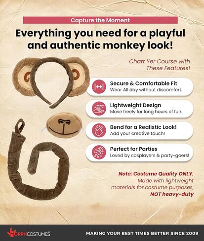 Nicky Bigs Novelties Adult Monkey Animal Costume Set - Brown Ears Headband Tail Nose Kit - Dress Up Halloween Accessories, One Size in Kuwait