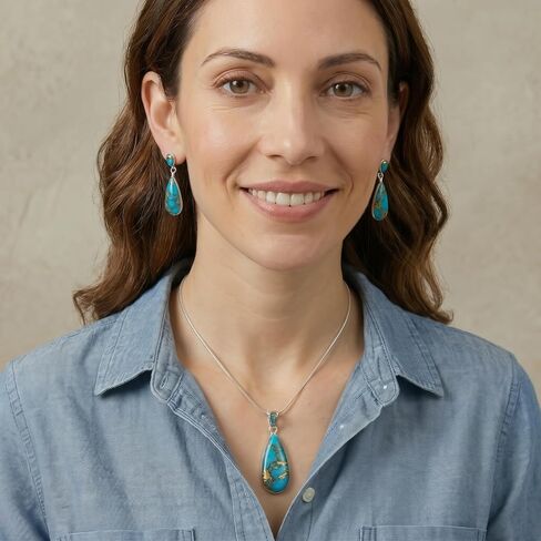 Turquoise Network Sterling Silver and Genuine Gemstones Necklace & Earrings Matching Set (Choose Style) in Kuwait