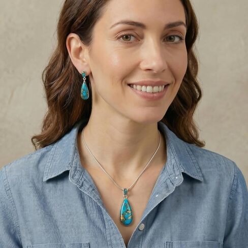 Turquoise Network Sterling Silver and Genuine Gemstones Necklace & Earrings Matching Set (Choose Style) in Kuwait
