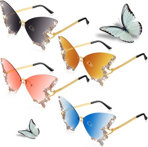 Xuhal 4 Pairs Rimless Butterfly Sunglasses Rhinestone Bling Sun Glasses Trend Gradient Butterfly Shaped Sunglasses for Women in Kuwait