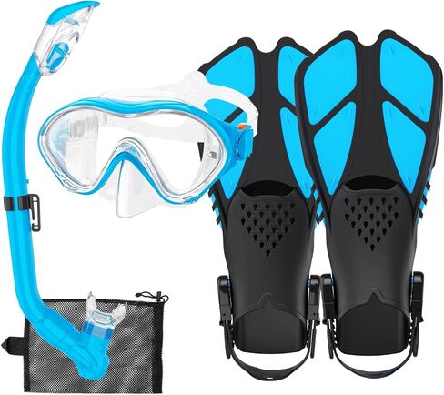 Kids Mask Fins Snorkel Set Snorkeling Packages, with Diving Mask, Snorkel, Adjustable Swim Fins, Mesh Bag, Anti-Fog Anti-Leak Snorkeling Gear for Kids for Snorkeling Swimming Diving in Kuwait