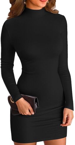 VICHYIE Women Mock Neck Ribbed Bodycon Dress Long Sleeve Mini Pencil Dresses in Kuwait