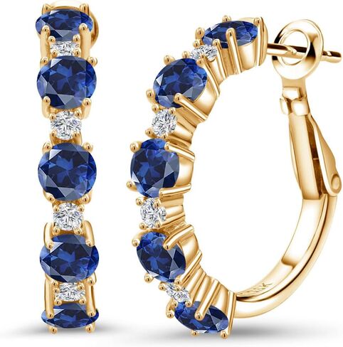 Gem Stone King 18K Yellow Gold Plated Silver Blue Created Sapphire and White Lab Grown Diamond Hoop Earrings For Women (2.80 Cttw, Round 4MM and 1.9MM, Gemstone Birthstone 1 Inch Diameter) in Kuwait