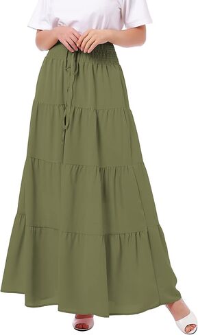 IWEMEK Women Boho Elastic Waist A Line Ruffle Beach Convertible Maxi Skirt Dress Tired Pleated Drawstring Chiffon Long Skirts in Kuwait