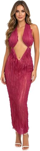 Suillty Women's Halter Low Cut Maxi Dress Sexy Sleeveless Hollow Out V Neck Backless Bodycon Party Club Long Dresses in Kuwait