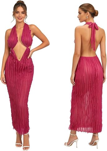 Suillty Women's Halter Low Cut Maxi Dress Sexy Sleeveless Hollow Out V Neck Backless Bodycon Party Club Long Dresses in Kuwait
