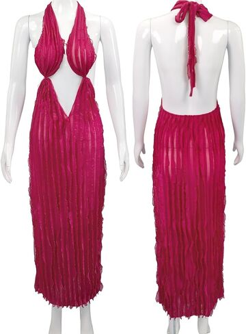 Suillty Women's Halter Low Cut Maxi Dress Sexy Sleeveless Hollow Out V Neck Backless Bodycon Party Club Long Dresses in Kuwait