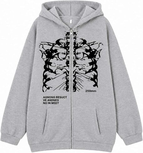 Aobiono Men Women Y2K Skeleton Zip Up Hoodie Emo Gothic Oversized Grunge Alt Jacket Vintage Graphic Baggy Dark Academia Punk in Kuwait