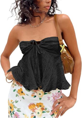 Women Strapless Tube Top Cute Fairy Top Sleeveless Ruffle Hem Vintage Y2k Going Out Top in Kuwait