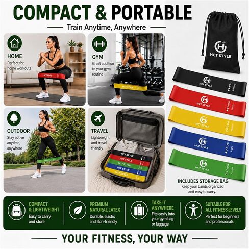 HCT STYLE Exercise Band Resistance Bands for Working Out Men and Women Set 5 Levels Yoga Pilates,Natural Latex is Non Toxic and Odorless Not curl with Exercise Instructions e Carry Bag. in Kuwait