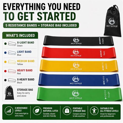 HCT STYLE Exercise Band Resistance Bands for Working Out Men and Women Set 5 Levels Yoga Pilates,Natural Latex is Non Toxic and Odorless Not curl with Exercise Instructions e Carry Bag. in Kuwait
