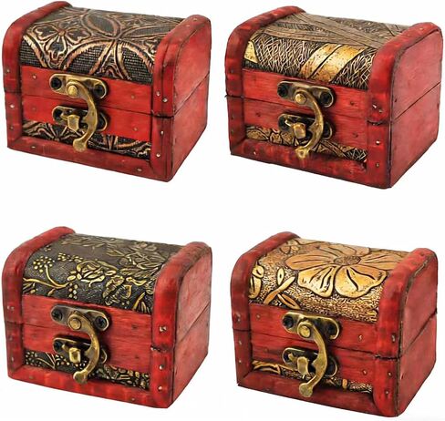 Markeny 4 Styles Pattern Wooden Rings Case Box Little Treasure Chest Vintage Handmade Box with Mini Metal Lock for Storing Jewelry Treasure Pearl in Kuwait