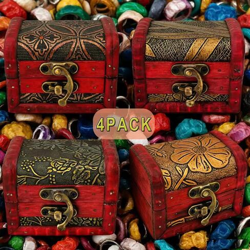 Markeny 4 Styles Pattern Wooden Rings Case Box Little Treasure Chest Vintage Handmade Box with Mini Metal Lock for Storing Jewelry Treasure Pearl in Kuwait