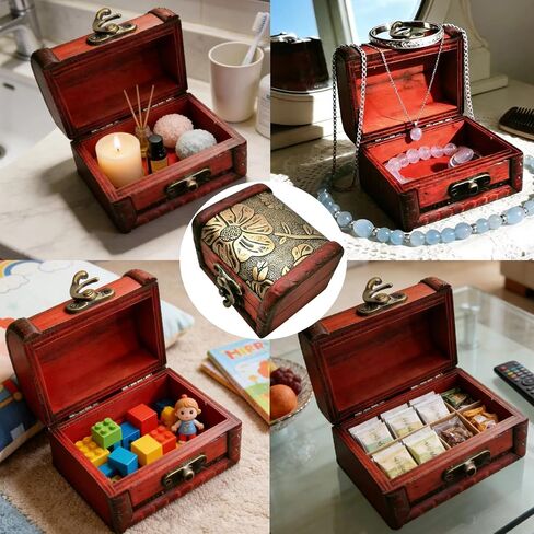 Markeny 4 Styles Pattern Wooden Rings Case Box Little Treasure Chest Vintage Handmade Box with Mini Metal Lock for Storing Jewelry Treasure Pearl in Kuwait