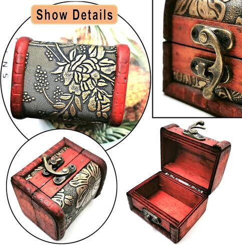Markeny 4 Styles Pattern Wooden Rings Case Box Little Treasure Chest Vintage Handmade Box with Mini Metal Lock for Storing Jewelry Treasure Pearl in Kuwait