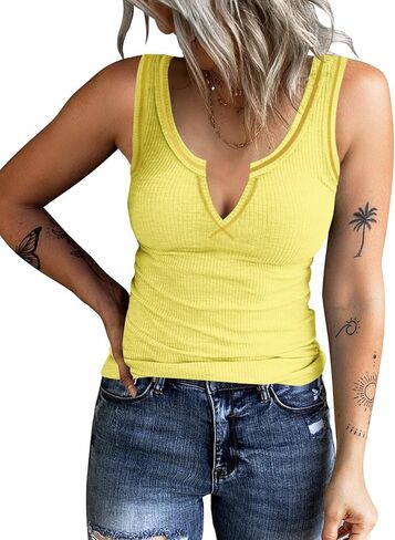 HERILIOS Women's Tank Tops Ribbed V Neck Sleeveless T Shirts Summer Slim Fitted Basic Tee Tops Crew Neck Cami Shirt in Kuwait