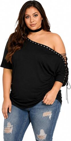 CURVESTYLES Plus Size Off Shoulder Tops for Women 3/4 Sleeve Women's Off Shoulder Oversized Pullover Black Lace up Tops M-6XL in Kuwait