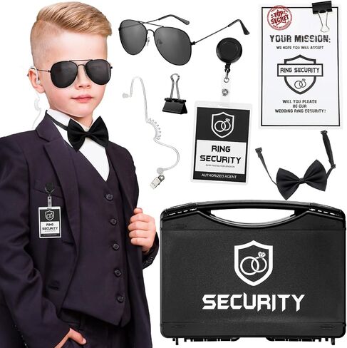 Mepase 14 Pcs Ring Wedding Security Set Include Ring Bearer Box ID Badge Holder Ring Bearer Sunglass Acoustic Earpiece Tube Mission Card with Binder Clip Bow Tie for Kids (Trendy Style) in Kuwait