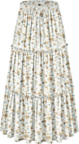 NASHALYLY Skirts for Women Boho Elastic Waisted Drawstring Swing Ruched 3 Tiered Maxi Skirt with Pockets in Kuwait