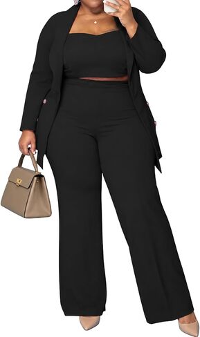IyMoo Women's Plus Size 3 Piece Sets Outfit Tracksuit Crop Top Blazer Jacket and Wide Leg Long Pants Jumpsuit Romper Suits in Kuwait