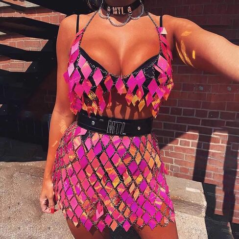 Reetan Fashion Body Chain Sequins Tassel Skirt Set Rave Party Body Chain Outfits Sparkly Body Jewelry for Women and Girls in Kuwait